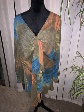 Lane Brant Blouse 18 - 20 sparkly shimmering sheer teal olive brown